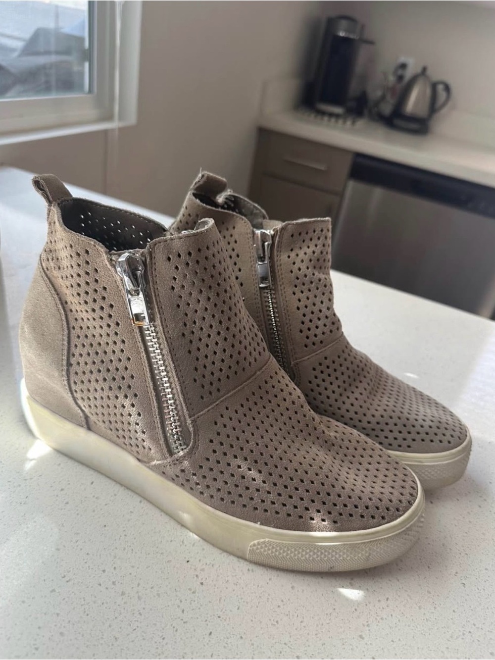 Steve Madden Taupe Perforated Suede Wedge Sneakers with Side Zips